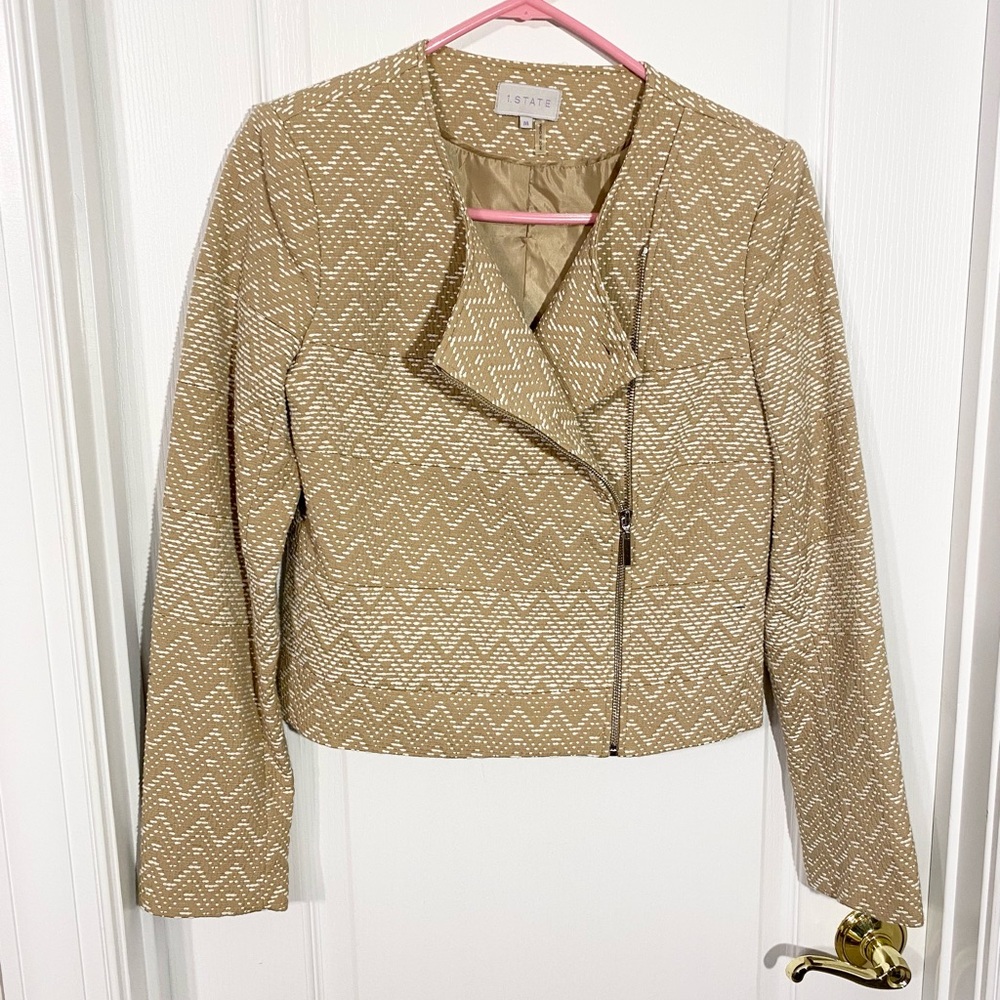 1.STATE Textured Chevron Lightweight Moto Jacket Tan White Medium